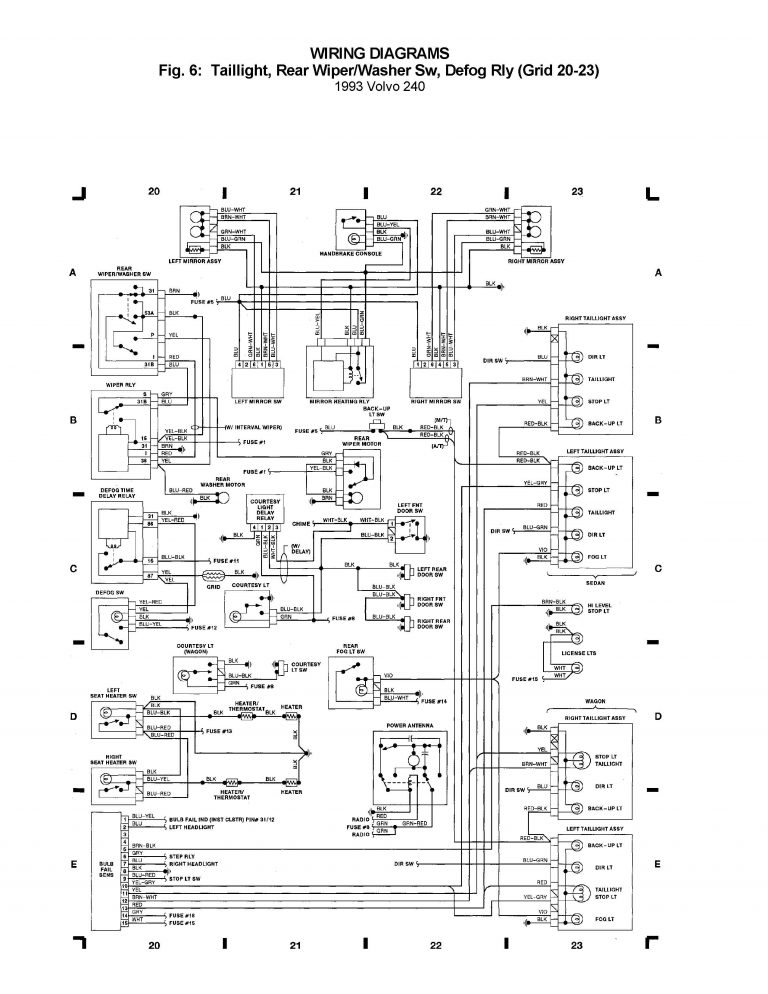 Volvo 240 (1993) - wiring diagrams - Taillight rear, Wiper/washer SW