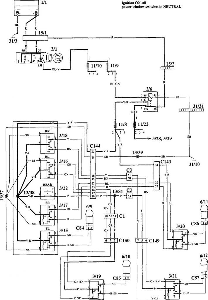 Volvo 940 (1995) – wiring diagrams – power windows - Carknowledge.info