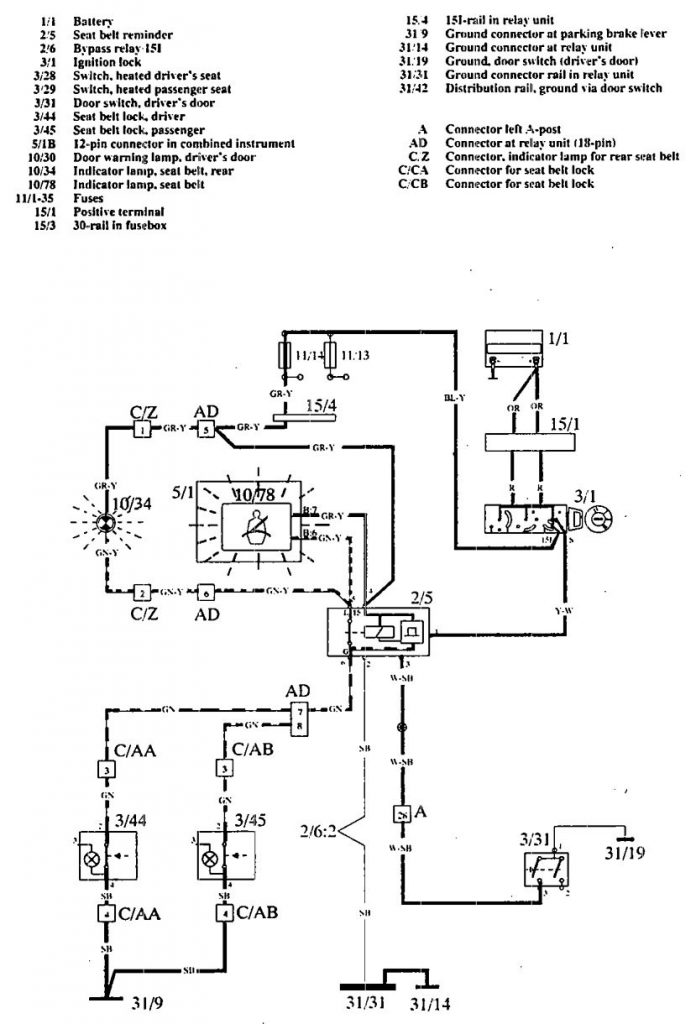 Volvo 960 (1992 – 1994) – wiring diagrams – seat belt warning ...